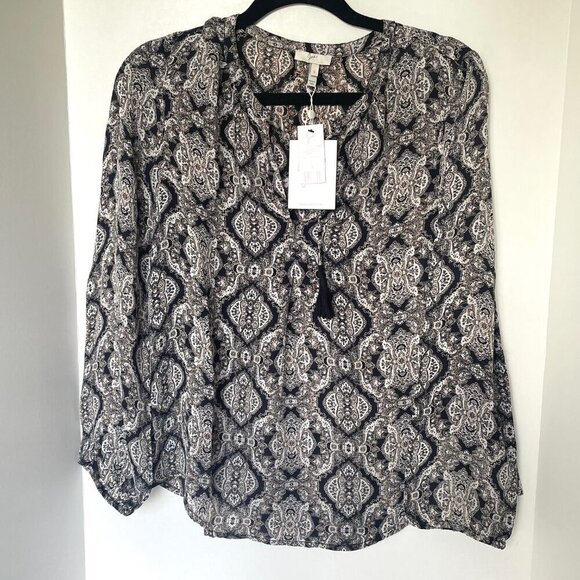 Joie Silk Shirt Womens Small Black V-Neck Long Sleeve Paisley Tassels Calla Top - Picture 6 of 7